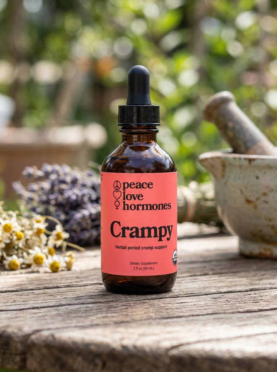 Bottle of dietary supplement labeled 'soothe' with text 'peace. love. hormones.'.