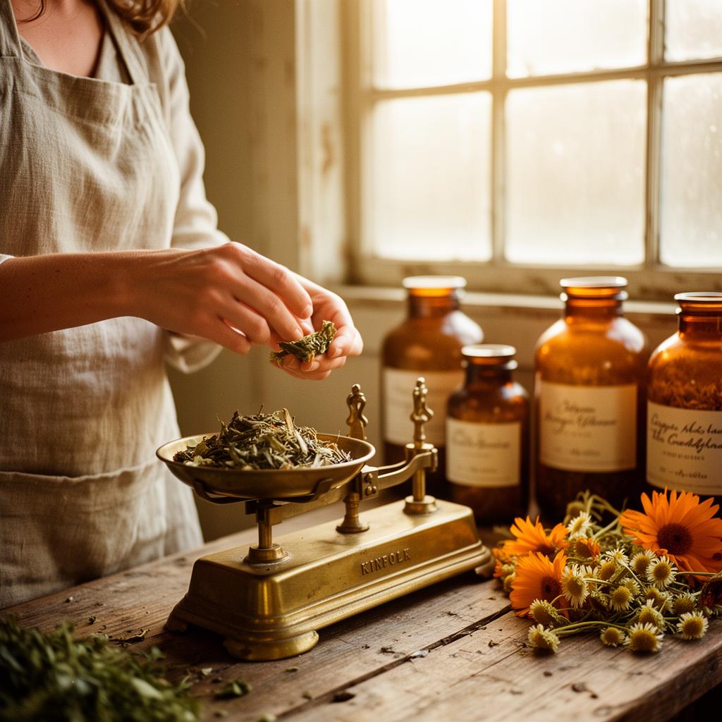 Herbalist weighing dried calendula and chamomile on a vintage brass apothecary scale in golden window light