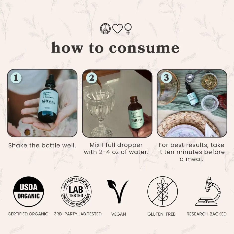 peace. love. hormones. Supplement 30 Day Supply Bitters: Digestive & Body Detox Supplement for Gut Health