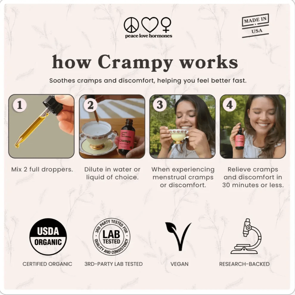 Peace Love Hormones Supplement 30 Day Supply Crampy: Fast-Acting Natural Relief for Menstrual Cramps