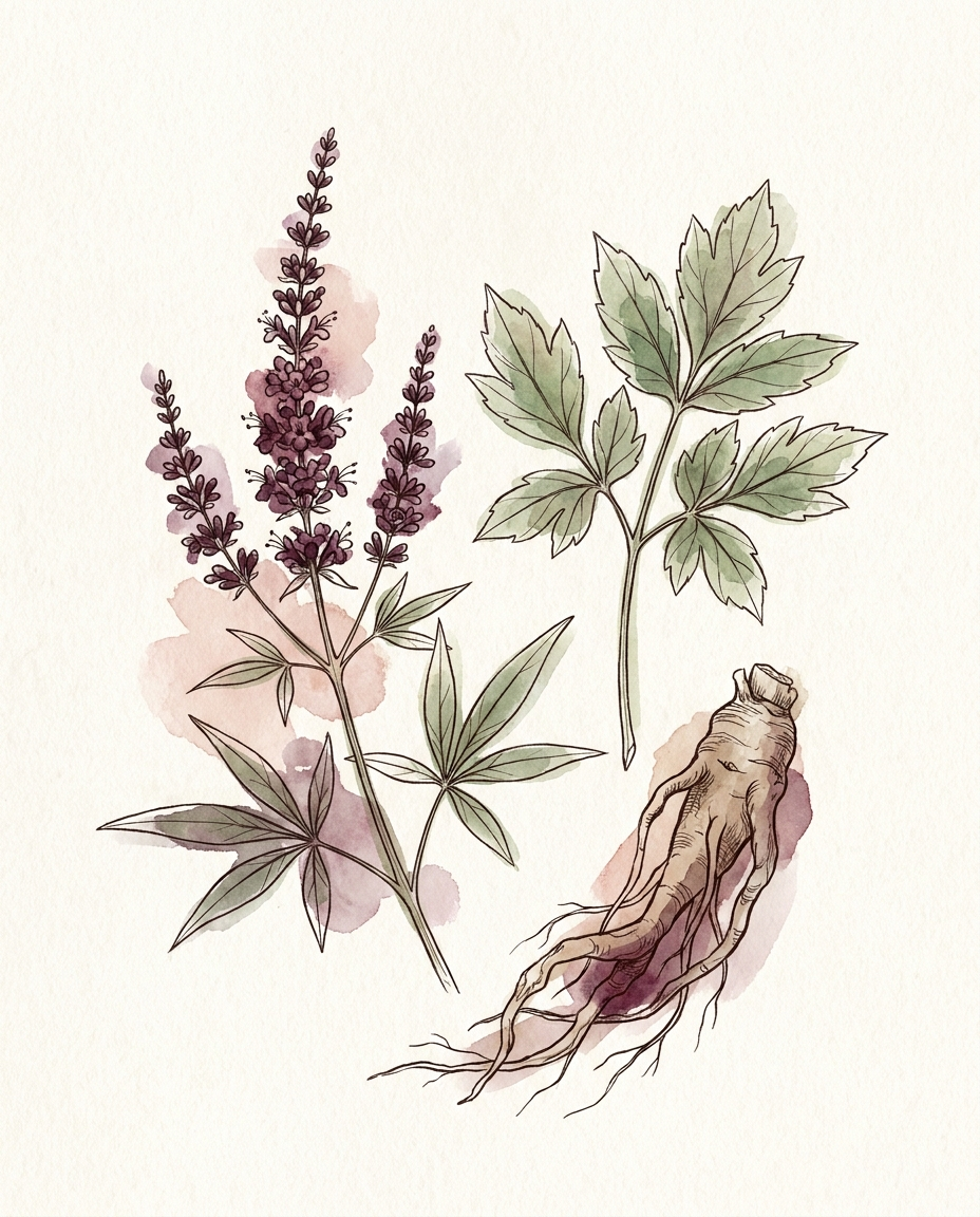 Botanical illustration of Soothe's key herbs
